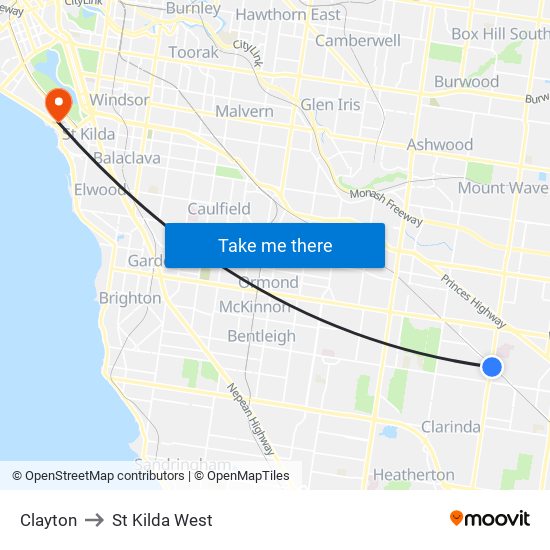 Clayton to St Kilda West map