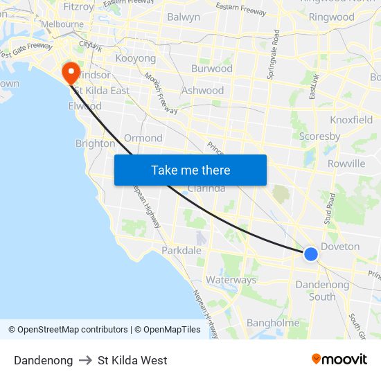 Dandenong to St Kilda West map
