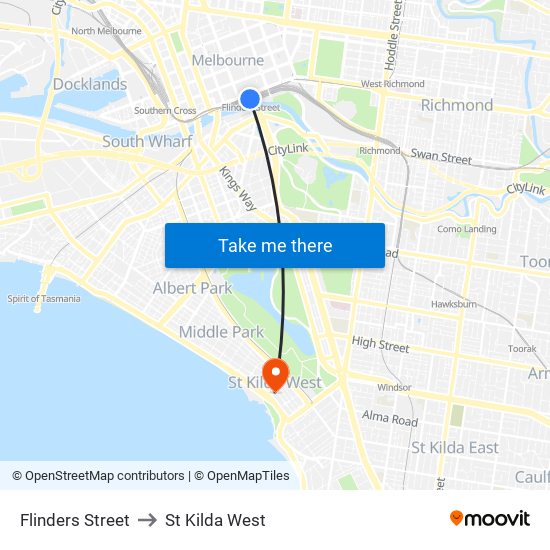 Flinders Street to St Kilda West map