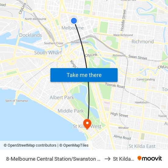 8-Melbourne Central Station/Swanston St (Melbourne City) to St Kilda West map