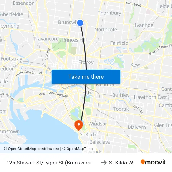 Stewart St/Lygon St #126 to St Kilda West map