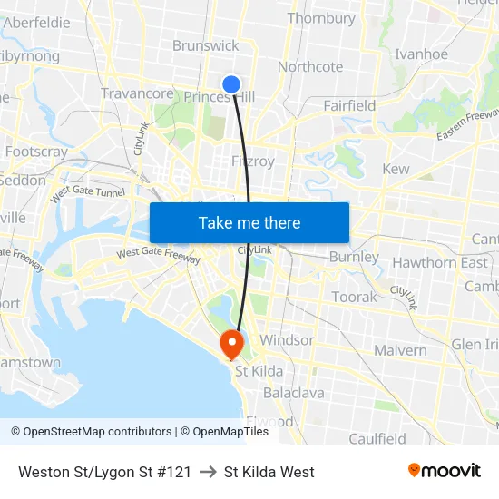 Weston St/Lygon St #121 to St Kilda West map