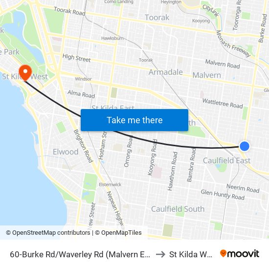 60-Burke Rd/Waverley Rd (Malvern East) to St Kilda West map