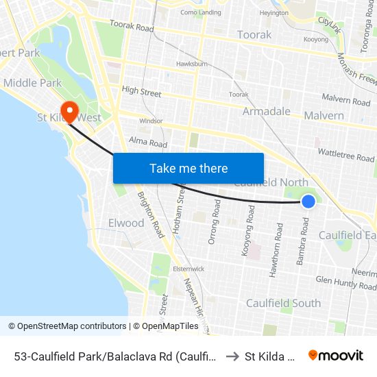 53-Caulfield Park/Balaclava Rd (Caulfield North) to St Kilda West map