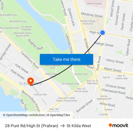 28-Punt Rd/High St (Prahran) to St Kilda West map