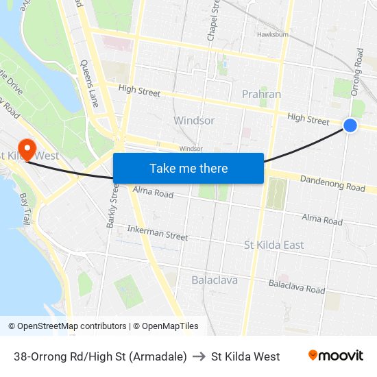 38-Orrong Rd/High St (Armadale) to St Kilda West map