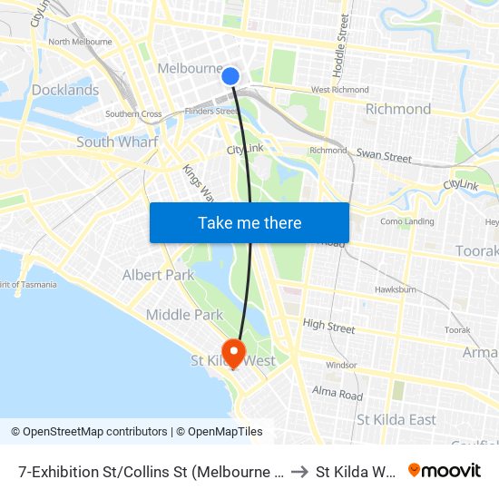 7-Exhibition St/Collins St (Melbourne City) to St Kilda West map