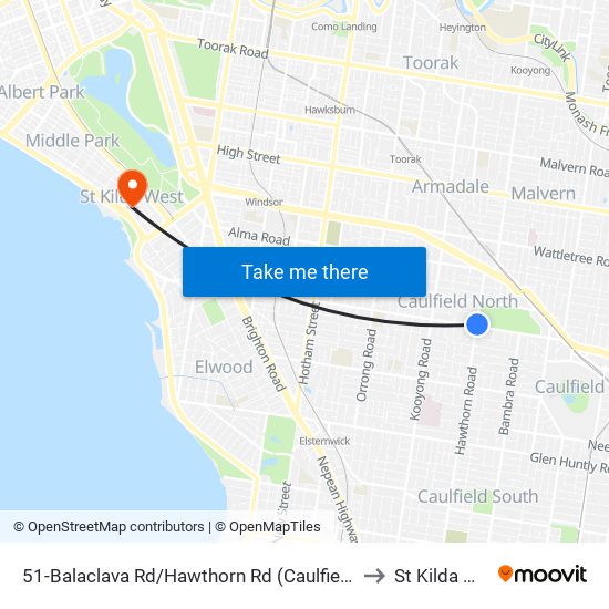 51-Balaclava Rd/Hawthorn Rd (Caulfield North) to St Kilda West map