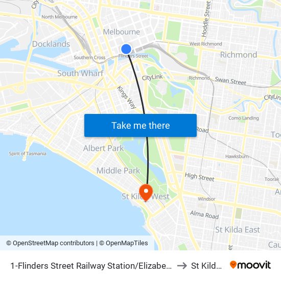 1-Flinders Street Railway Station/Elizabeth St (Melbourne City) to St Kilda West map