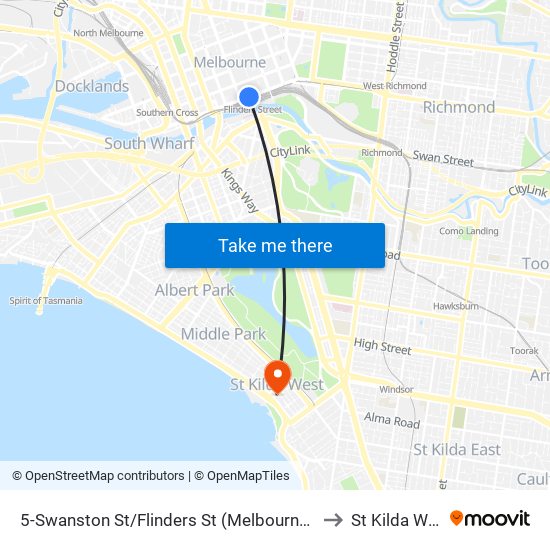 5-Swanston St/Flinders St (Melbourne City) to St Kilda West map