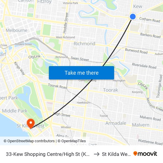 33-Kew Shopping Centre/High St (Kew) to St Kilda West map