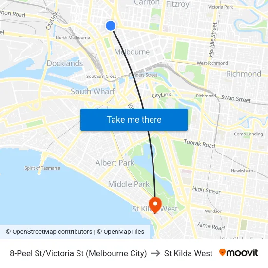 Peel St/Victoria St #8 to St Kilda West map
