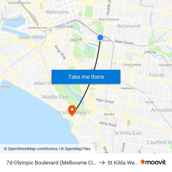 7d-Olympic Boulevard (Melbourne City) to St Kilda West map