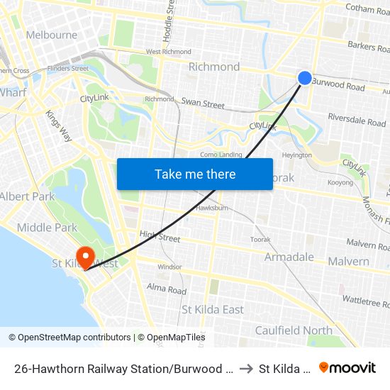 26-Hawthorn Railway Station/Burwood Rd (Hawthorn) to St Kilda West map