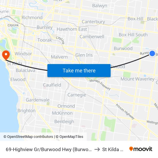 69-Highview Gr/Burwood Hwy (Burwood East) to St Kilda West map