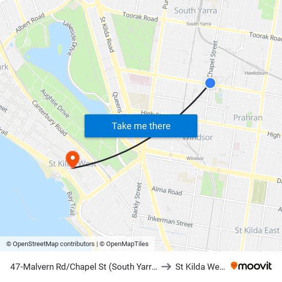 47-Malvern Rd/Chapel St (South Yarra) to St Kilda West map