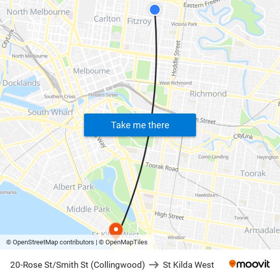 20-Rose St/Smith St (Collingwood) to St Kilda West map