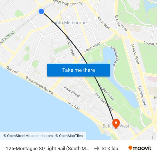 126-Montague St/Light Rail (South Melbourne) to St Kilda West map