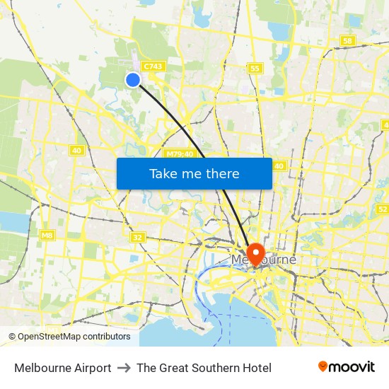 Melbourne Airport to The Great Southern Hotel map