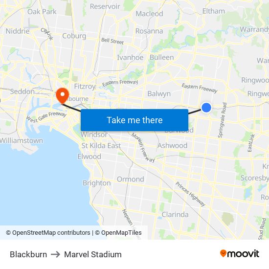 Blackburn to Marvel Stadium map