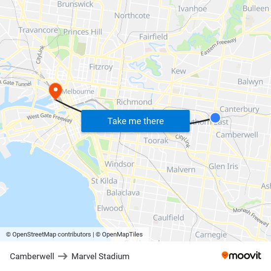 Camberwell to Marvel Stadium map