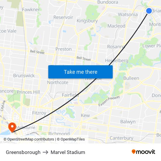 Greensborough to Marvel Stadium map