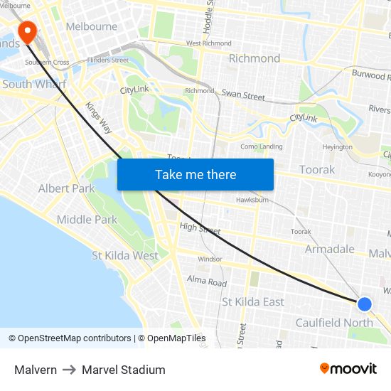 Malvern to Marvel Stadium map