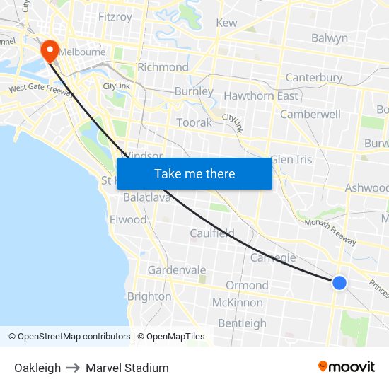 Oakleigh to Marvel Stadium map