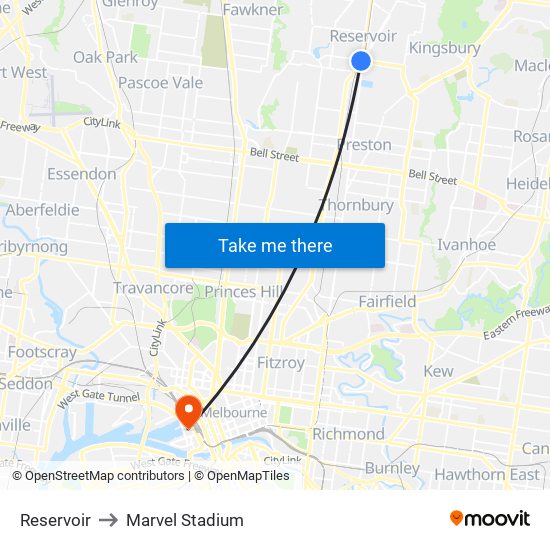 Reservoir to Marvel Stadium map