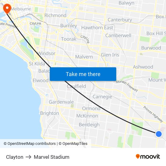 Clayton to Marvel Stadium map