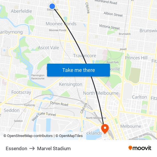 Essendon to Marvel Stadium map