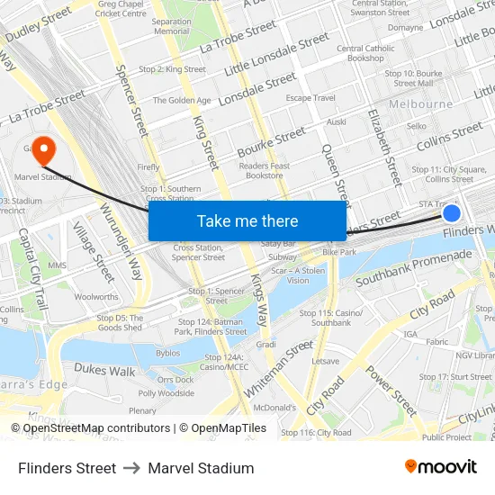 Flinders Street to Marvel Stadium map