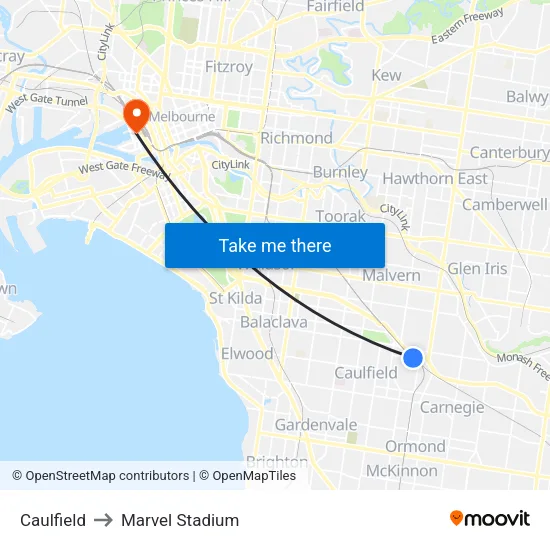 Caulfield to Marvel Stadium map