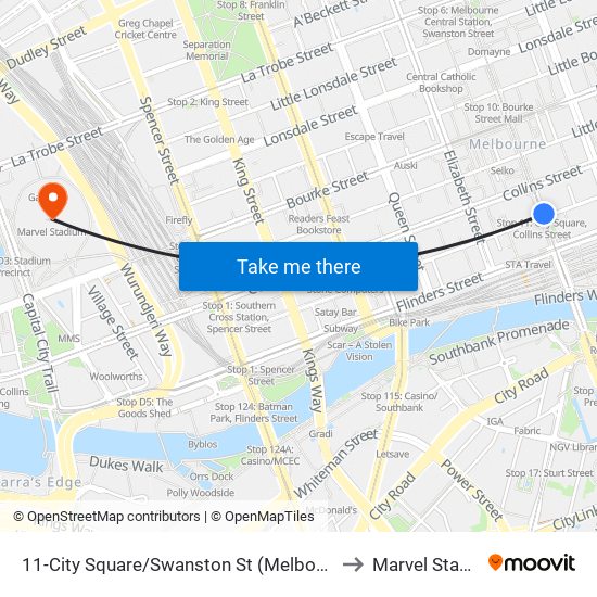 11-City Square/Swanston St (Melbourne City) to Marvel Stadium map