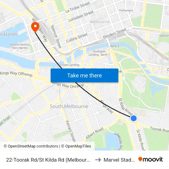 Toorak Rd/St Kilda Rd #22 to Marvel Stadium map