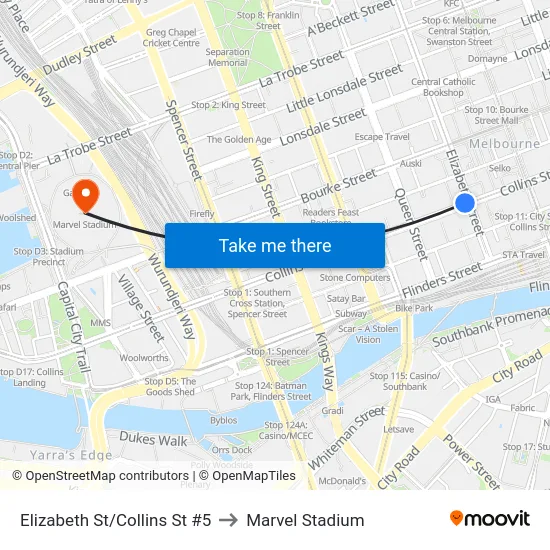 Elizabeth St/Collins St #5 to Marvel Stadium map