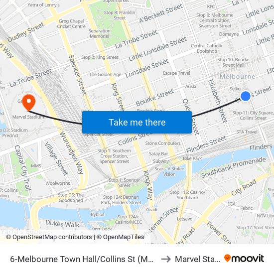 6-Melbourne Town Hall/Collins St (Melbourne City) to Marvel Stadium map