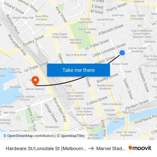 Hardware St/Lonsdale St to Marvel Stadium map