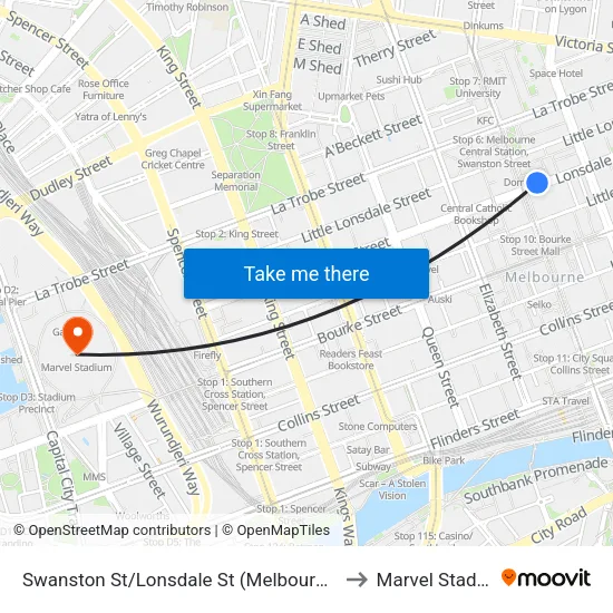 Swanston St/Lonsdale St to Marvel Stadium map