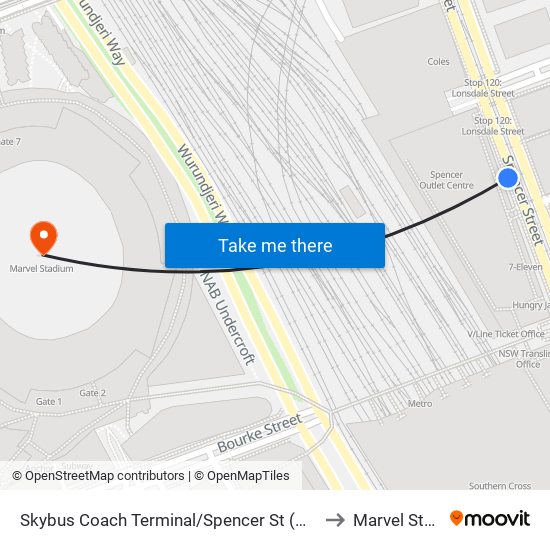 Skybus Coach Terminal/Spencer St (Melbourne City) to Marvel Stadium map