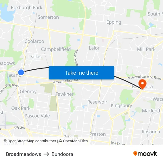 Broadmeadows to Bundoora map