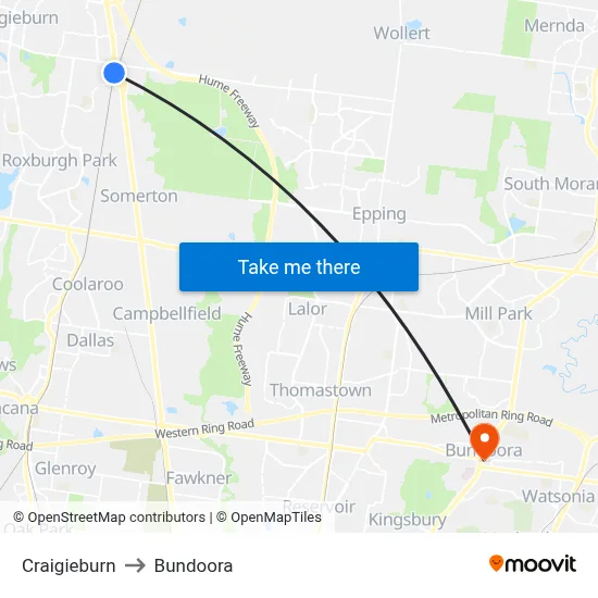 Craigieburn to Bundoora map
