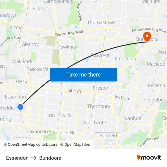 Essendon to Bundoora map