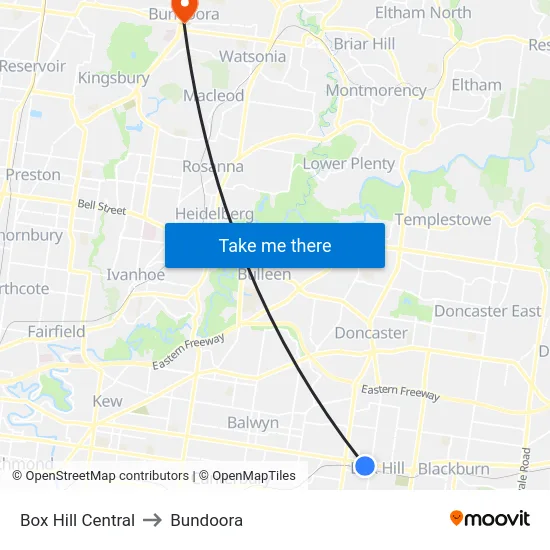 Box Hill Central to Bundoora map