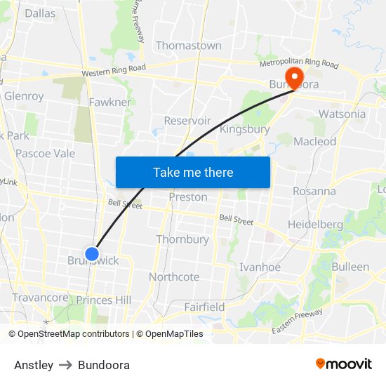 Anstley to Bundoora map