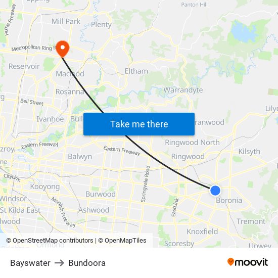 Bayswater to Bundoora map