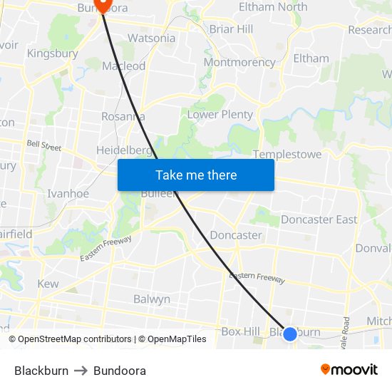 Blackburn to Bundoora map