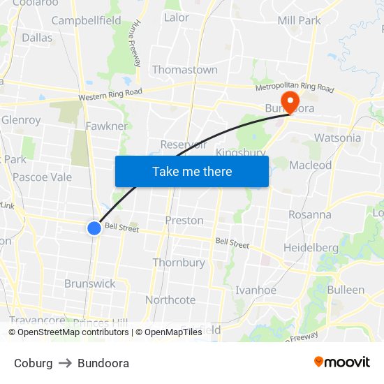 Coburg to Bundoora map