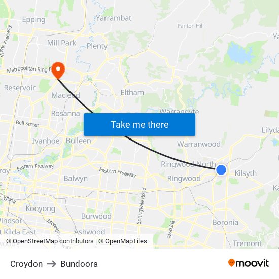 Croydon to Bundoora map