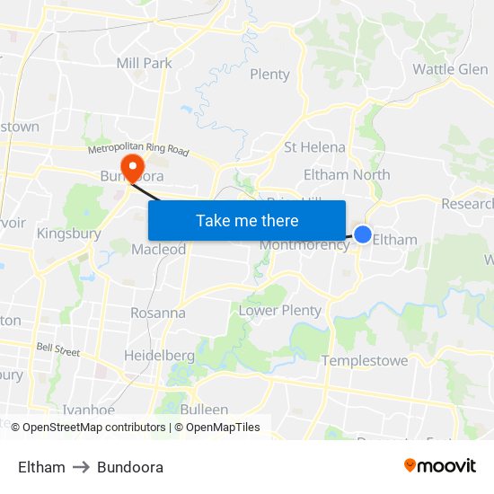 Eltham to Bundoora map